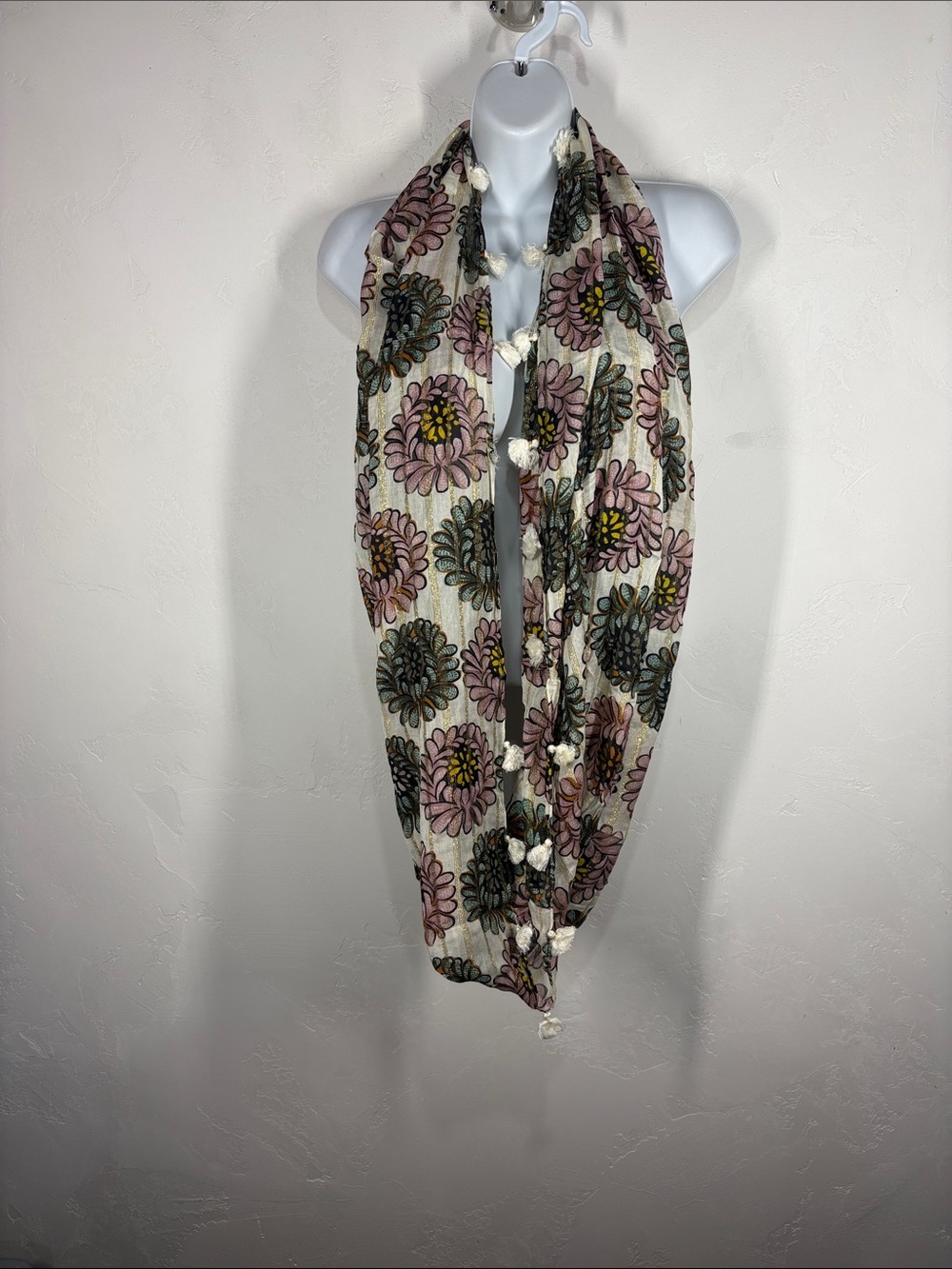 Loft Floral Infinity Scarf with Pom Trim - Pink & Green